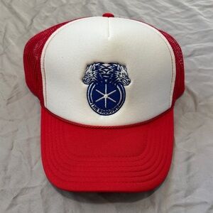 Red and White Trucker Hat with Blue Embroidery